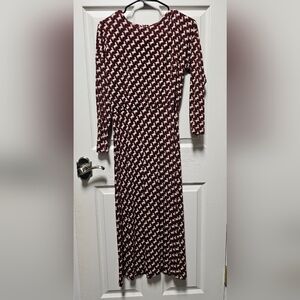 Ann Taylor Burgundy and Cream Horse Print Long Sleeve Midi Dress - Size 4